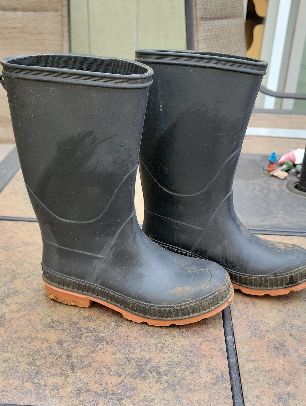 Black Rubber Rain Boots with Brown Soles